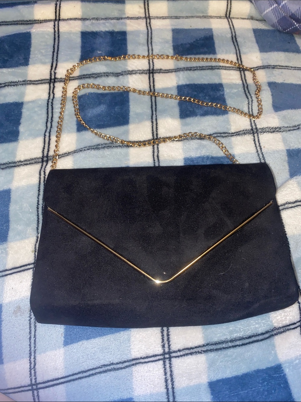 Black Suede Envelope Clutch with Gold Chain Strap